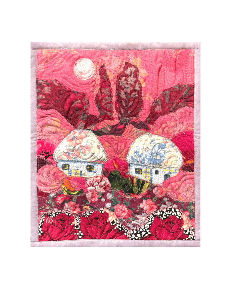 'Dream of a Blooming Day' — Pink Textile Landscape, Floral Village Art, 35x29 Image 3