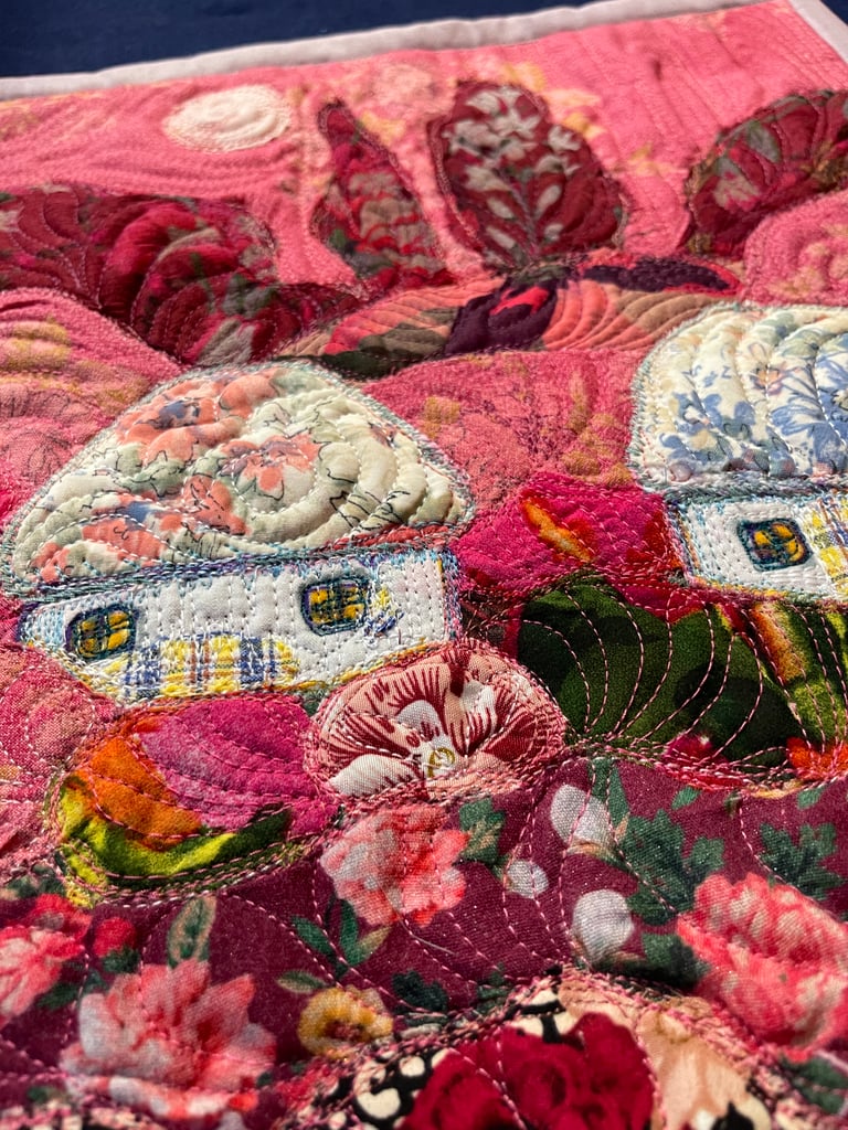 'Dream of a Blooming Day' — Pink Textile Landscape, Floral Village Art, 35x29 Image 4