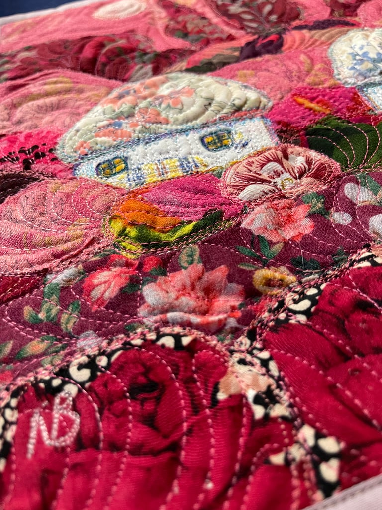 'Dream of a Blooming Day' — Pink Textile Landscape, Floral Village Art, 35x29 Image 6