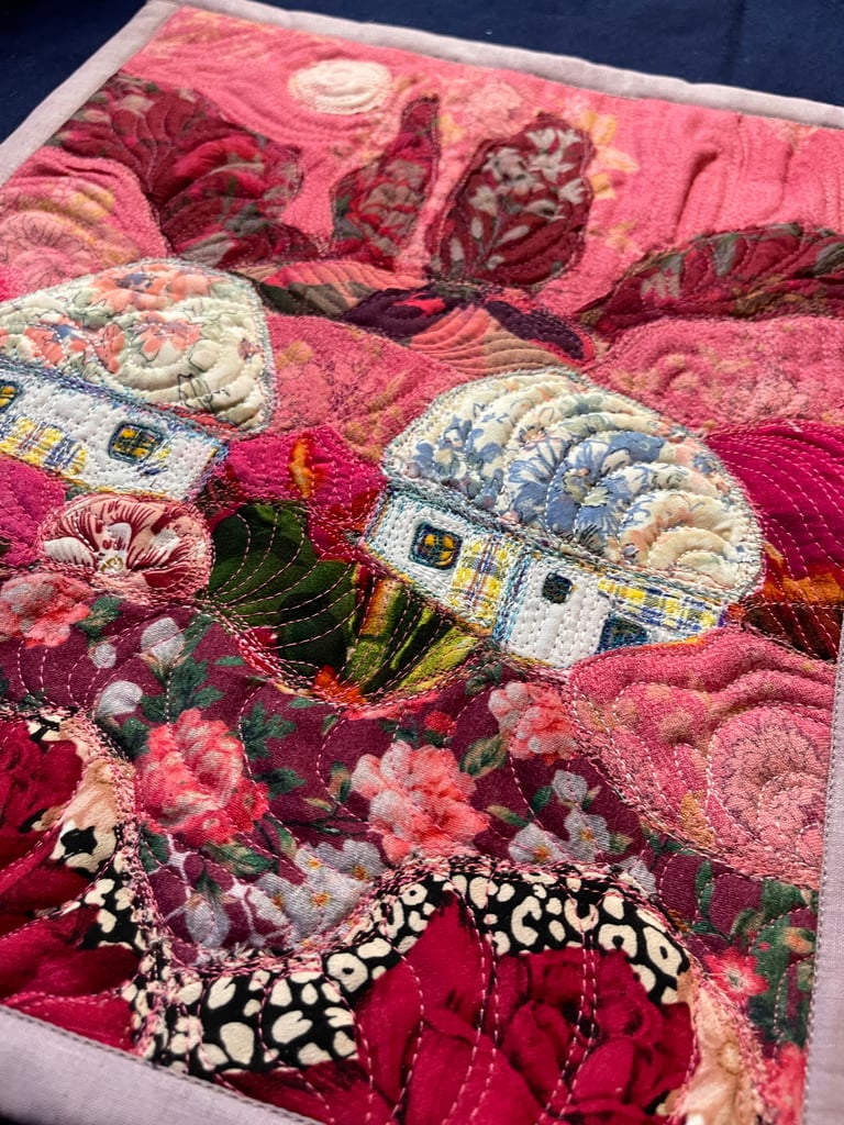 'Dream of a Blooming Day' — Pink Textile Landscape, Floral Village Art, 35x29 Image 7