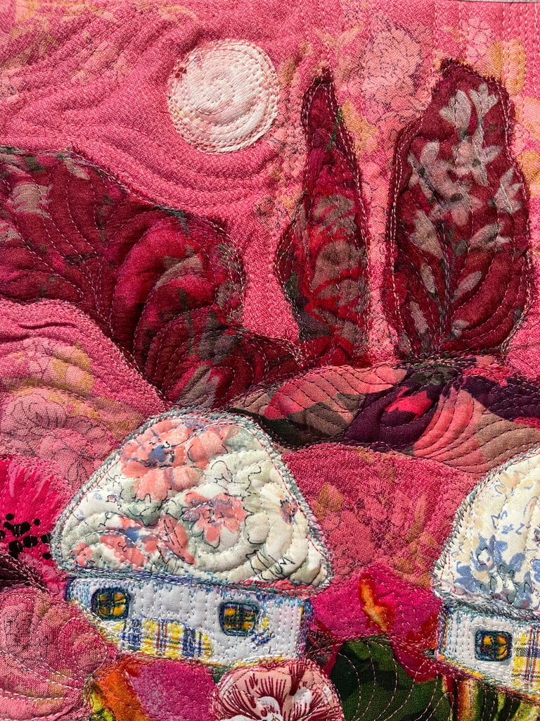 'Dream of a Blooming Day' — Pink Textile Landscape, Floral Village Art, 35x29 Image 9