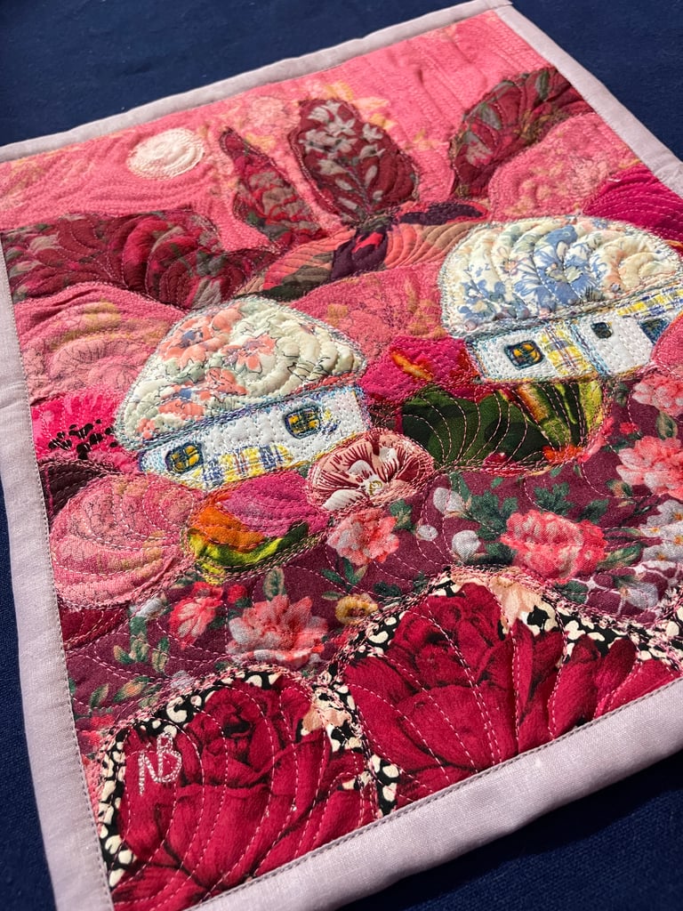 'Dream of a Blooming Day' — Pink Textile Landscape, Floral Village Art, 35x29 Image 10