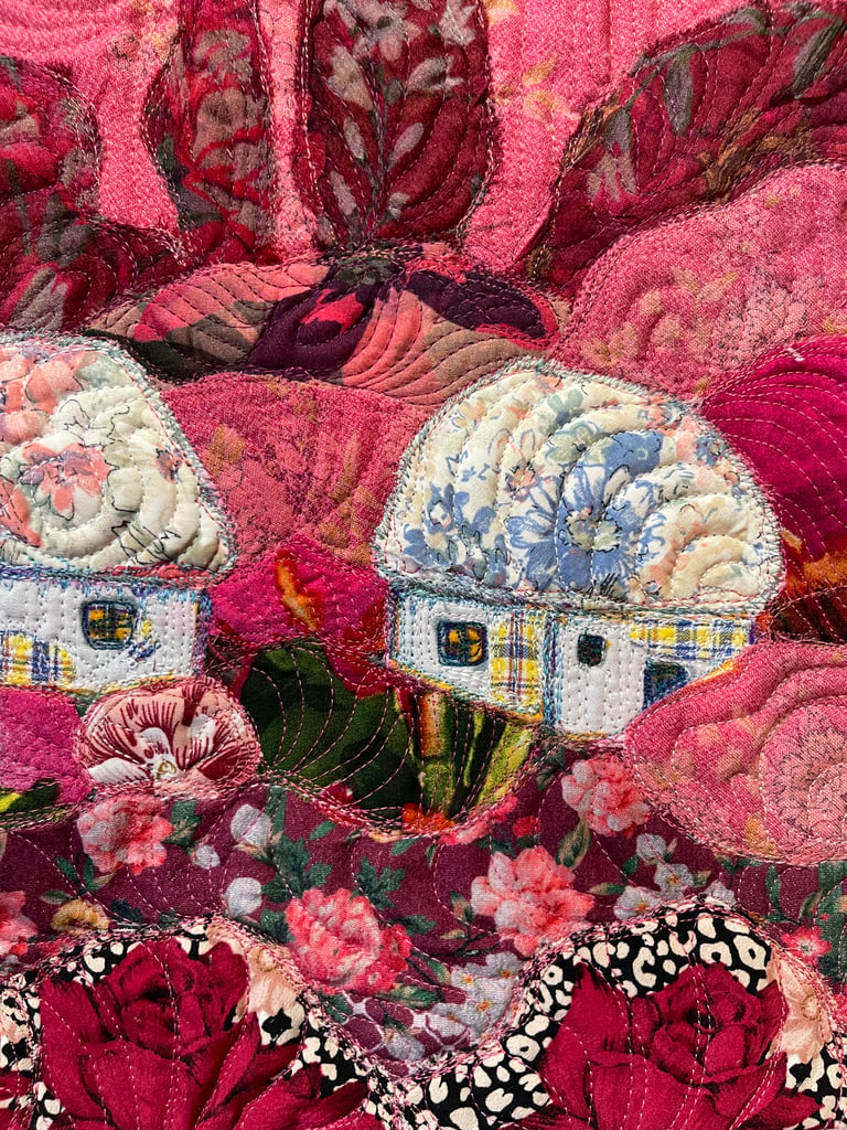 'Dream of a Blooming Day' — Pink Textile Landscape, Floral Village Art, 35x29 Image 11