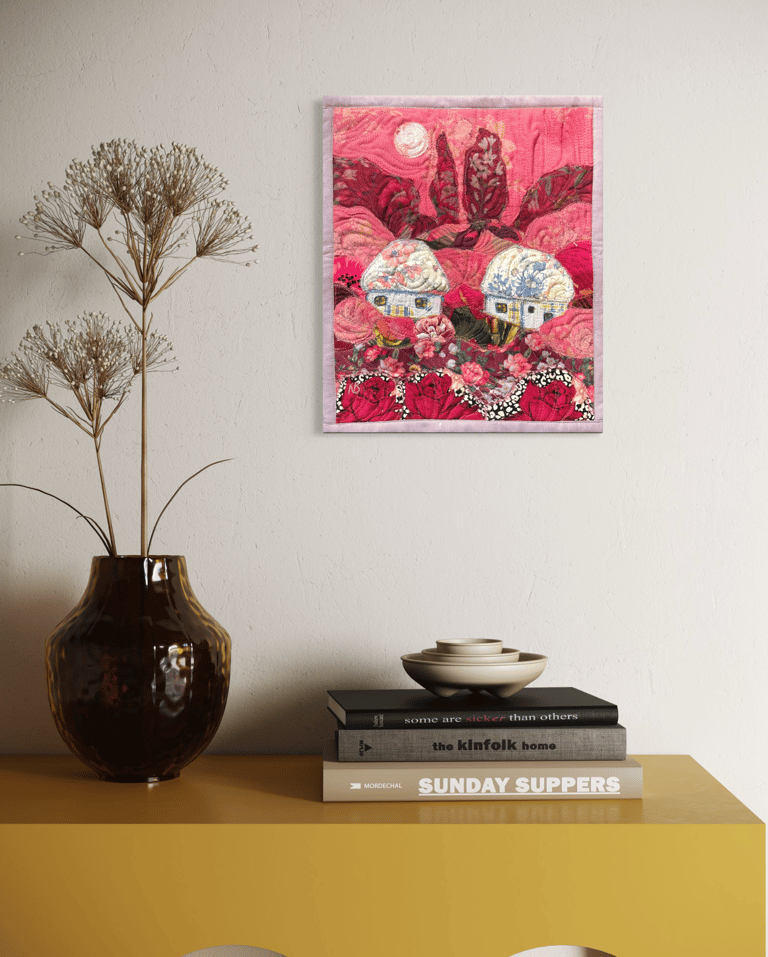 'Dream of a Blooming Day' — Pink Textile Landscape, Floral Village Art, 35x29 Image 5