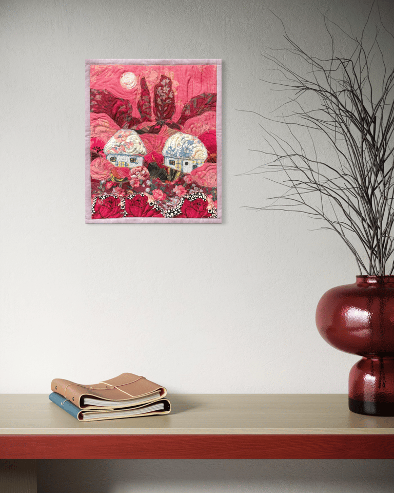 'Dream of a Blooming Day' — Pink Textile Landscape, Floral Village Art, 35x29 Image 8