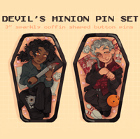 Image 1 of PREORDER | devils minion 3 inch coffin shaped glitter button