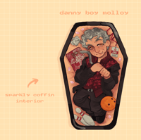 Image 2 of PREORDER | devils minion 3 inch coffin shaped glitter button