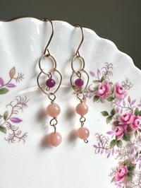 Image 3 of Ruby and Moonstone Chandelier Gemstone Earrings, 14K Gold-Filled