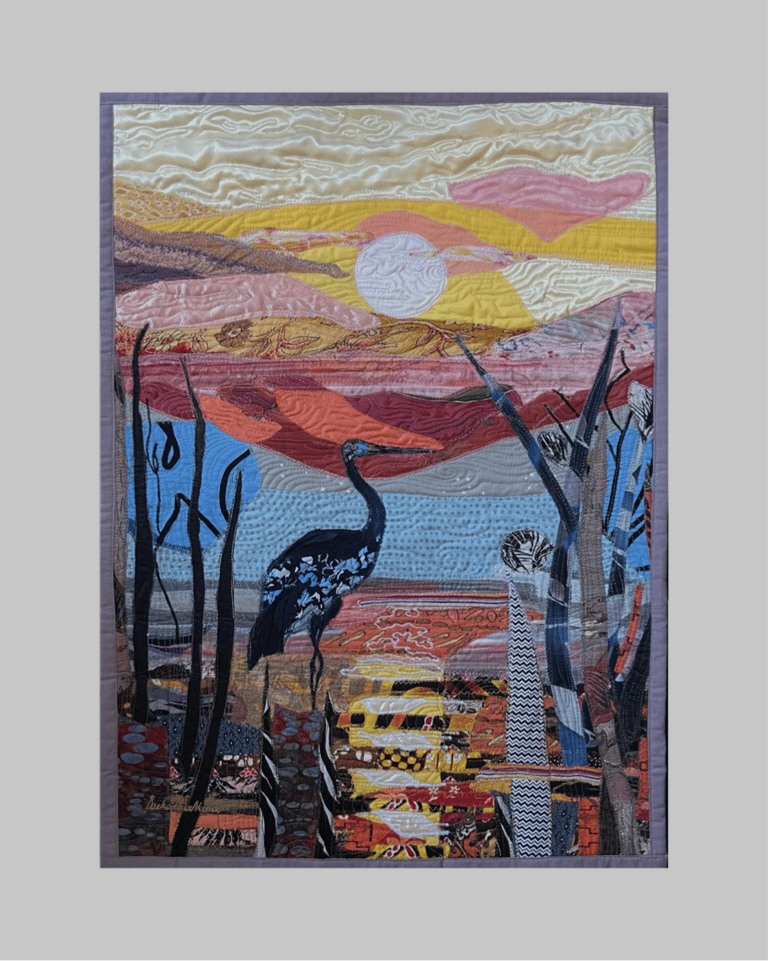 Crane Art Quilt – "At the End of the Day" Fiber Bird Art, 69х44cm