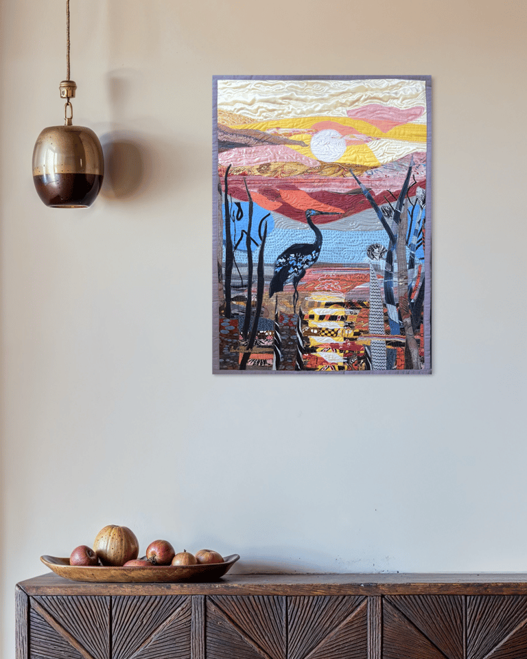 Crane Art Quilt – "At the End of the Day" Fiber Bird Art, 69х44cm Image 7