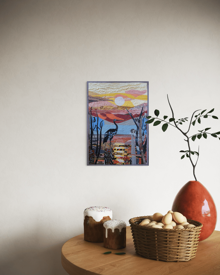 Crane Art Quilt – "At the End of the Day" Fiber Bird Art, 69х44cm Image 13