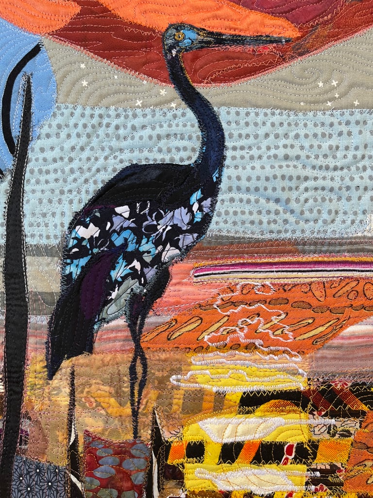 Crane Art Quilt – "At the End of the Day" Fiber Bird Art, 69х44cm Image 5