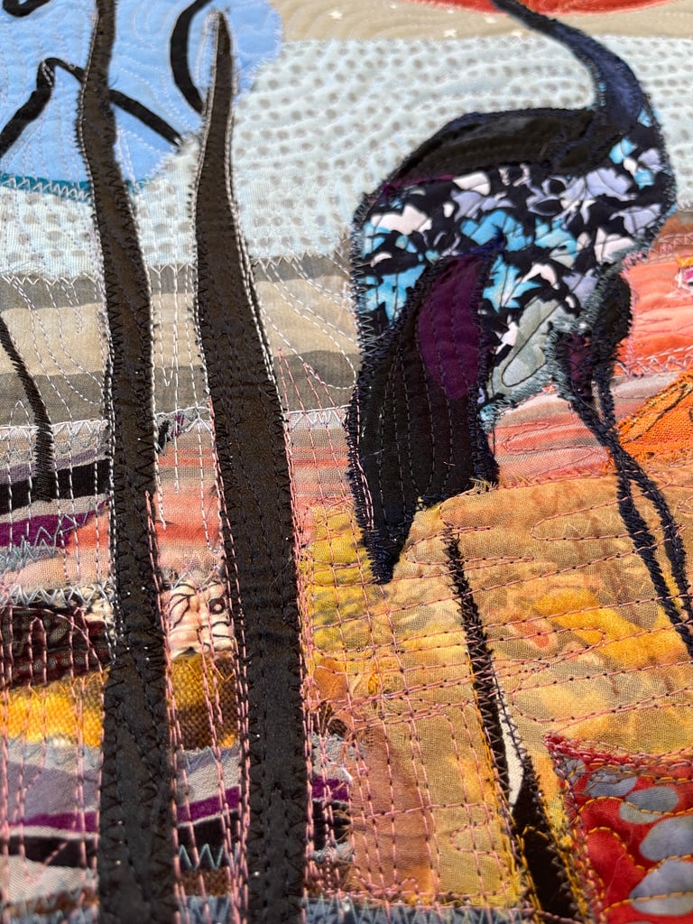 Crane Art Quilt – "At the End of the Day" Fiber Bird Art, 69х44cm Image 6