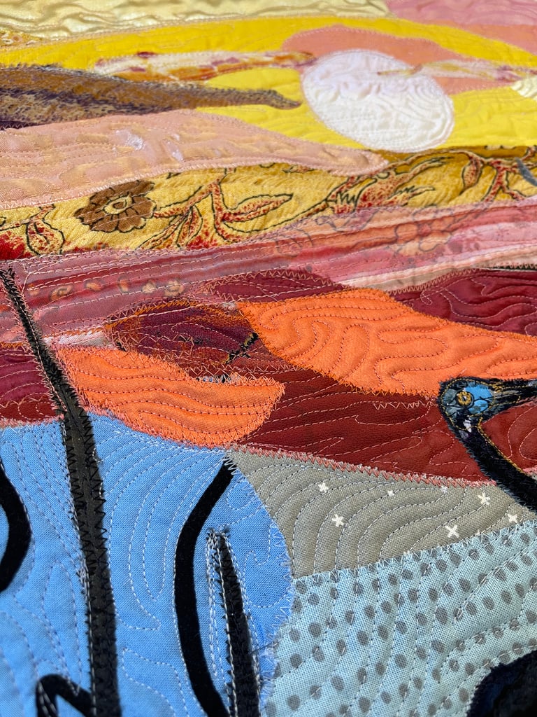 Crane Art Quilt – "At the End of the Day" Fiber Bird Art, 69х44cm Image 9