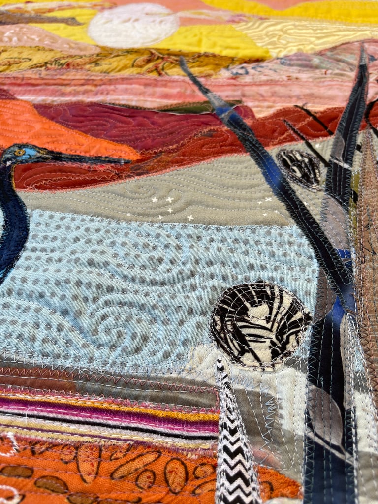 Crane Art Quilt – "At the End of the Day" Fiber Bird Art, 69х44cm Image 10