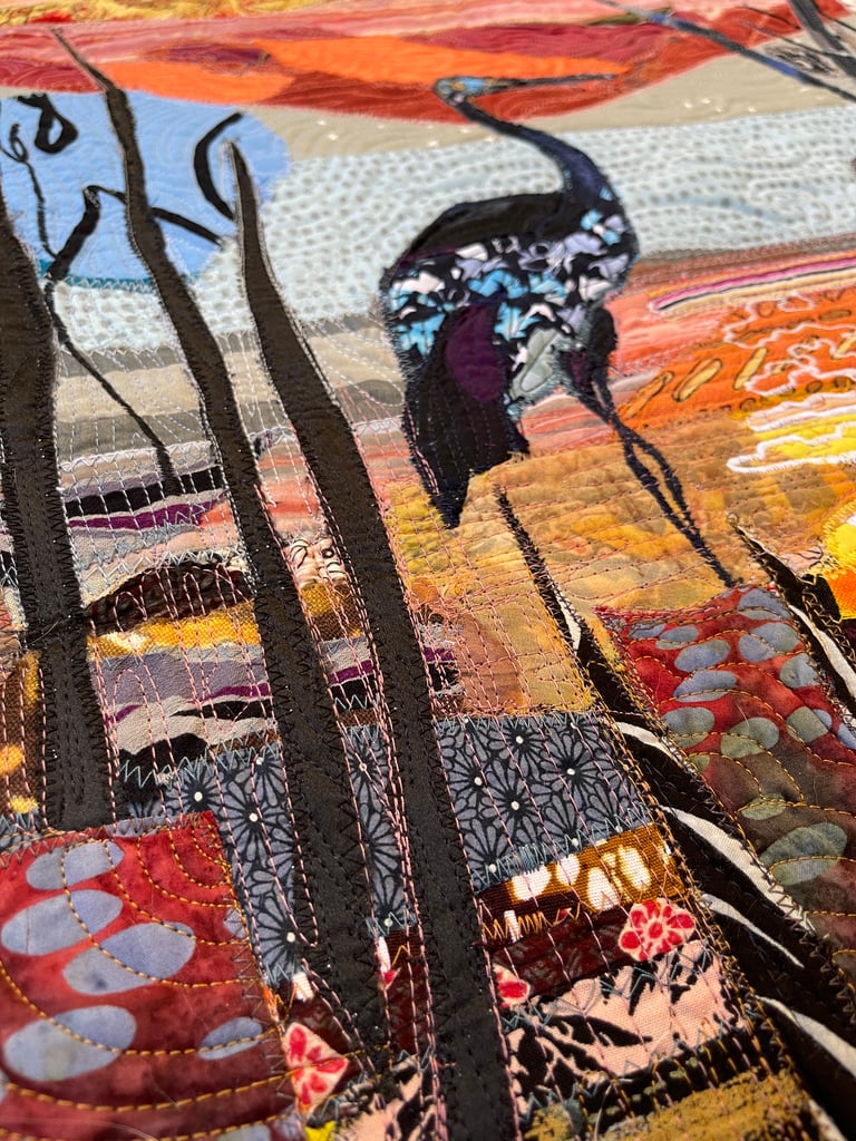 Crane Art Quilt – "At the End of the Day" Fiber Bird Art, 69х44cm Image 11