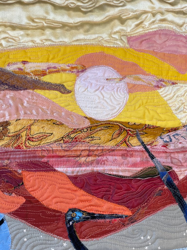 Crane Art Quilt – "At the End of the Day" Fiber Bird Art, 69х44cm Image 12