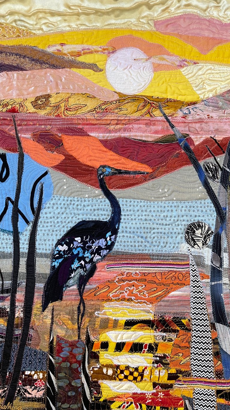 Crane Art Quilt – "At the End of the Day" Fiber Bird Art, 69х44cm Image 14