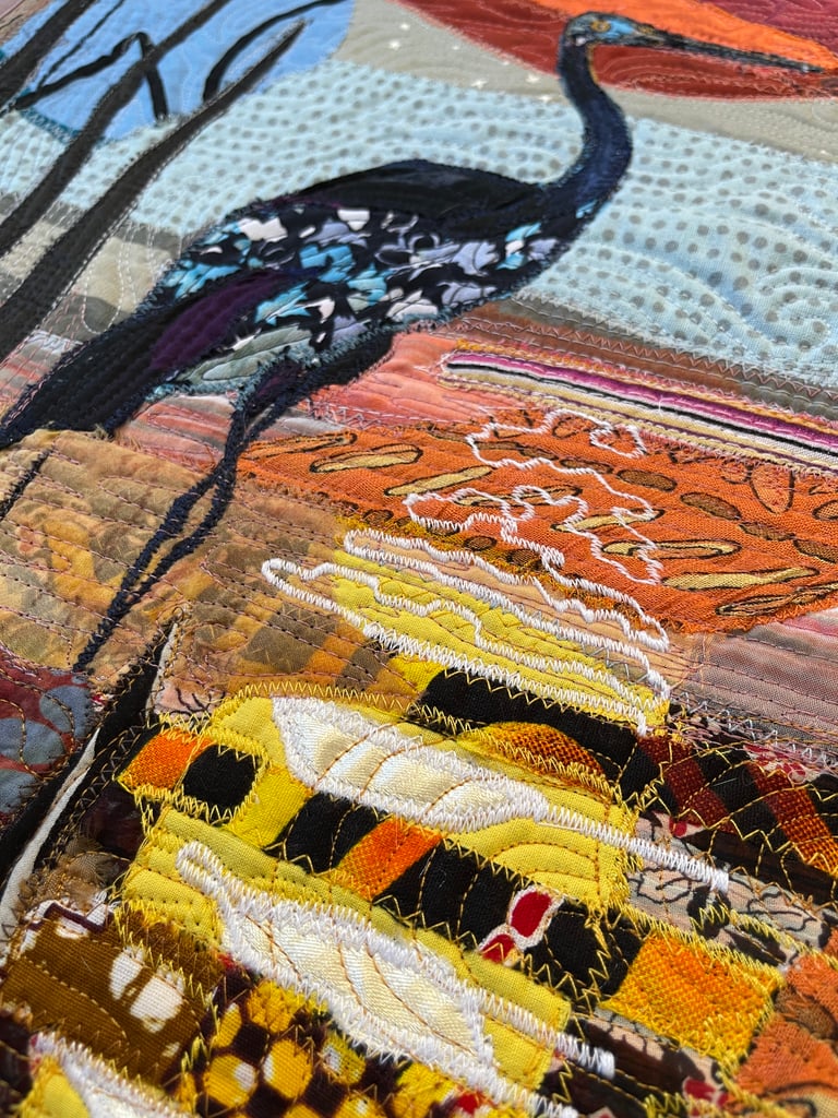 Crane Art Quilt – "At the End of the Day" Fiber Bird Art, 69х44cm Image 15