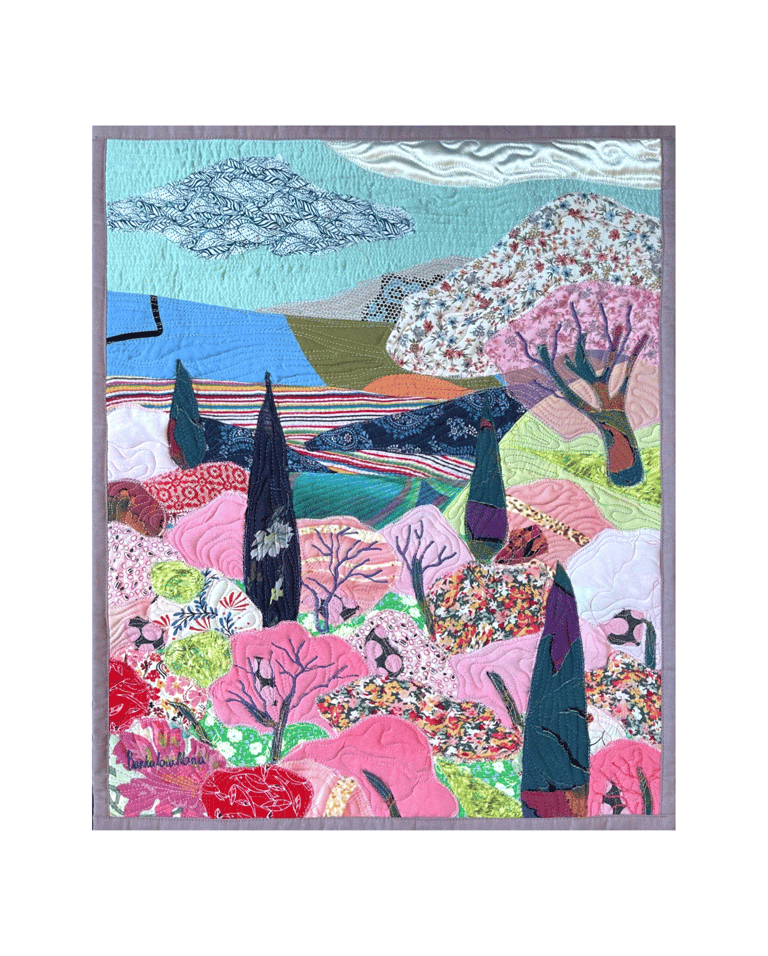 'Pink Blossoms'  - Textile Landscape Art, Colorful Botanical Wall Hanging, 54x44,5cm Image 2