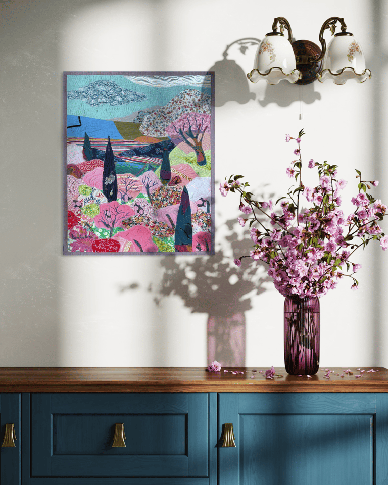 'Pink Blossoms'  - Textile Landscape Art, Colorful Botanical Wall Hanging, 54x44,5cm