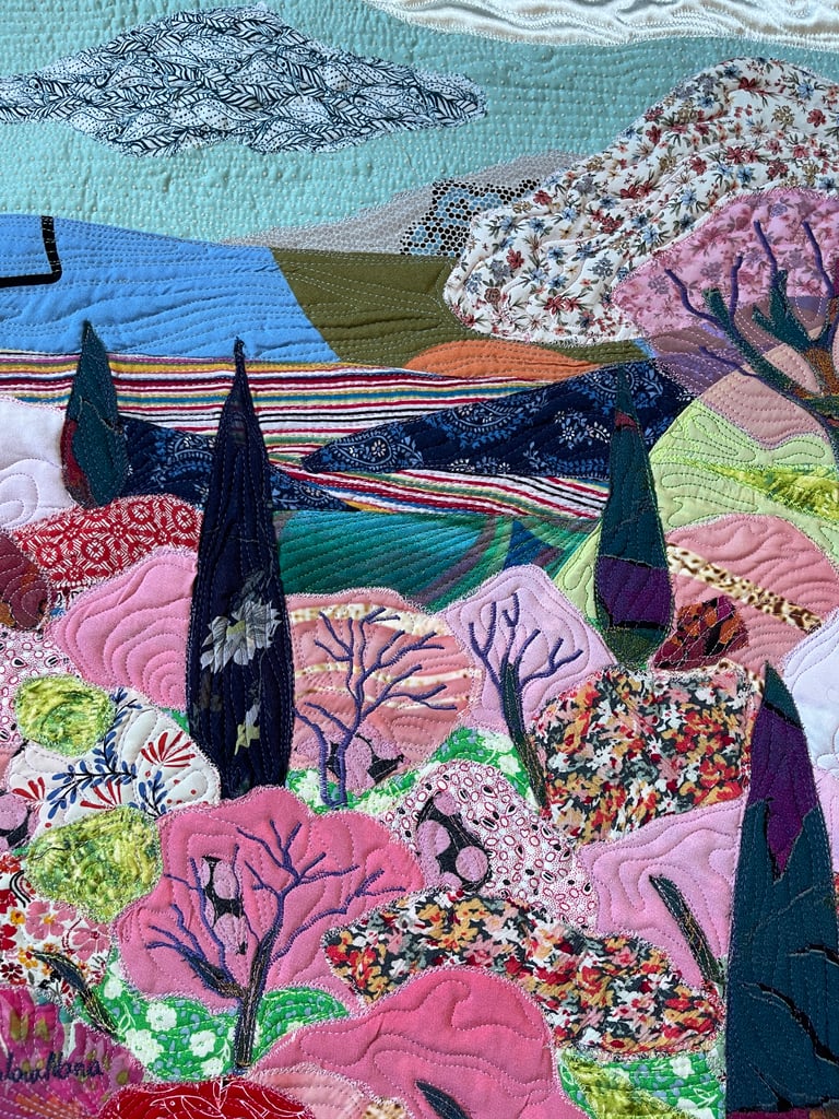 'Pink Blossoms'  - Textile Landscape Art, Colorful Botanical Wall Hanging, 54x44,5cm Image 3