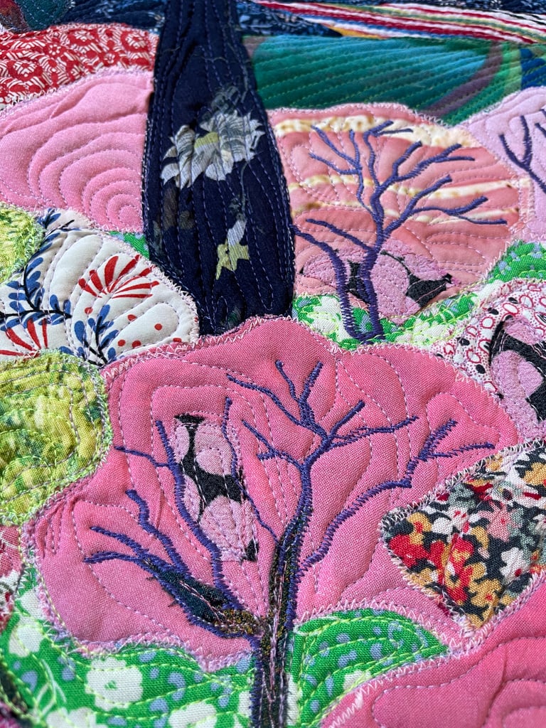 'Pink Blossoms'  - Textile Landscape Art, Colorful Botanical Wall Hanging, 54x44,5cm Image 6