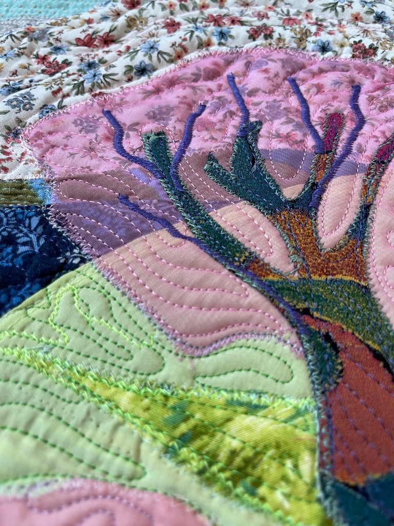 'Pink Blossoms'  - Textile Landscape Art, Colorful Botanical Wall Hanging, 54x44,5cm Image 5