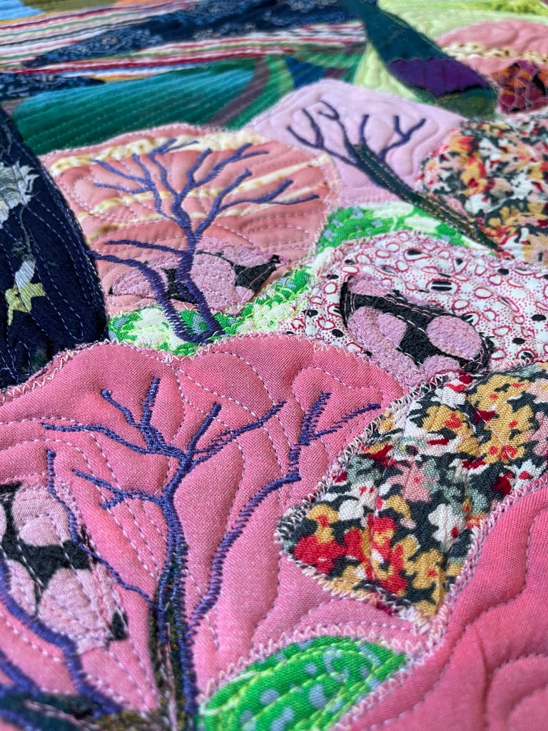 'Pink Blossoms'  - Textile Landscape Art, Colorful Botanical Wall Hanging, 54x44,5cm Image 12