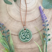 Image 4 of Handmade Ceramic Green OM Pendant Necklace 