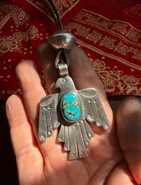 Image 2 of WL&A Handmade Old Style Ingot High Grade Navajo Blue Thunderbird Pendant + Walking Liberty Pearl Top