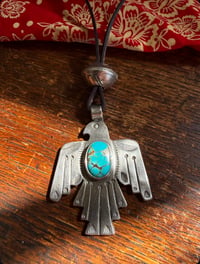 Image 1 of WL&A Handmade Old Style Ingot High Grade Navajo Blue Thunderbird Pendant + Walking Liberty Pearl Top