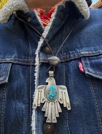 Image 3 of WL&A Handmade Old Style Ingot High Grade Navajo Blue Thunderbird Pendant + Walking Liberty Pearl Top