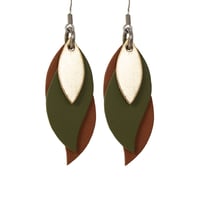 Image 1 of Australian made leather earrings - Leaf. Gold, olive green, brown.