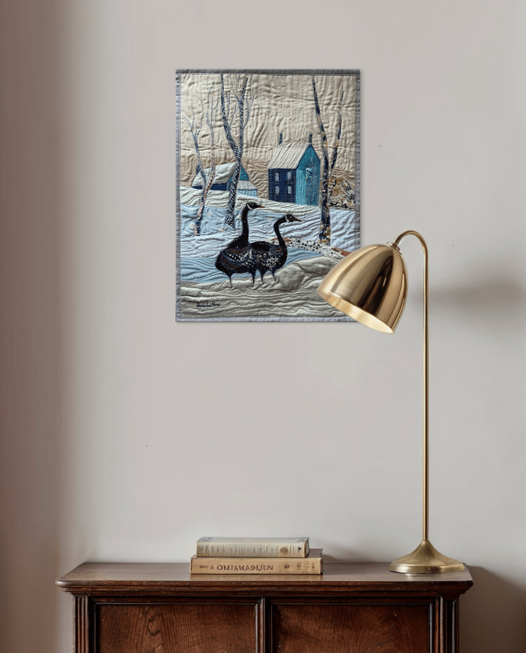 Winter Walk — Original Goose Art Quilt, Snowy Landscape Decor, 56x41cm Image 4