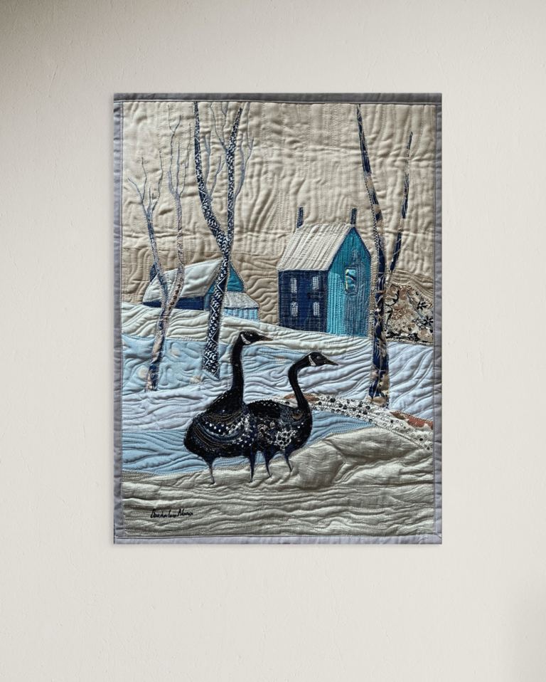 Winter Walk — Original Goose Art Quilt, Snowy Landscape Decor, 56x41cm