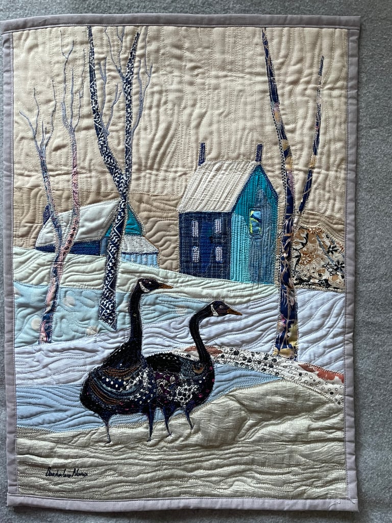 Winter Walk — Original Goose Art Quilt, Snowy Landscape Decor, 56x41cm Image 7