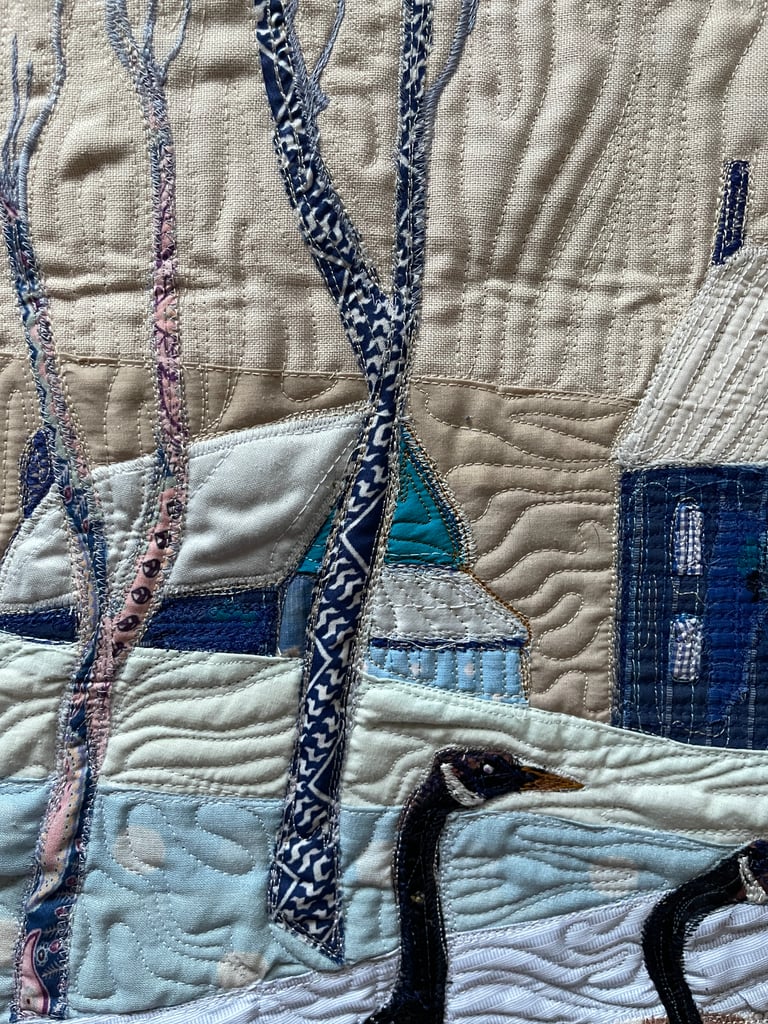 Winter Walk — Original Goose Art Quilt, Snowy Landscape Decor, 56x41cm Image 9