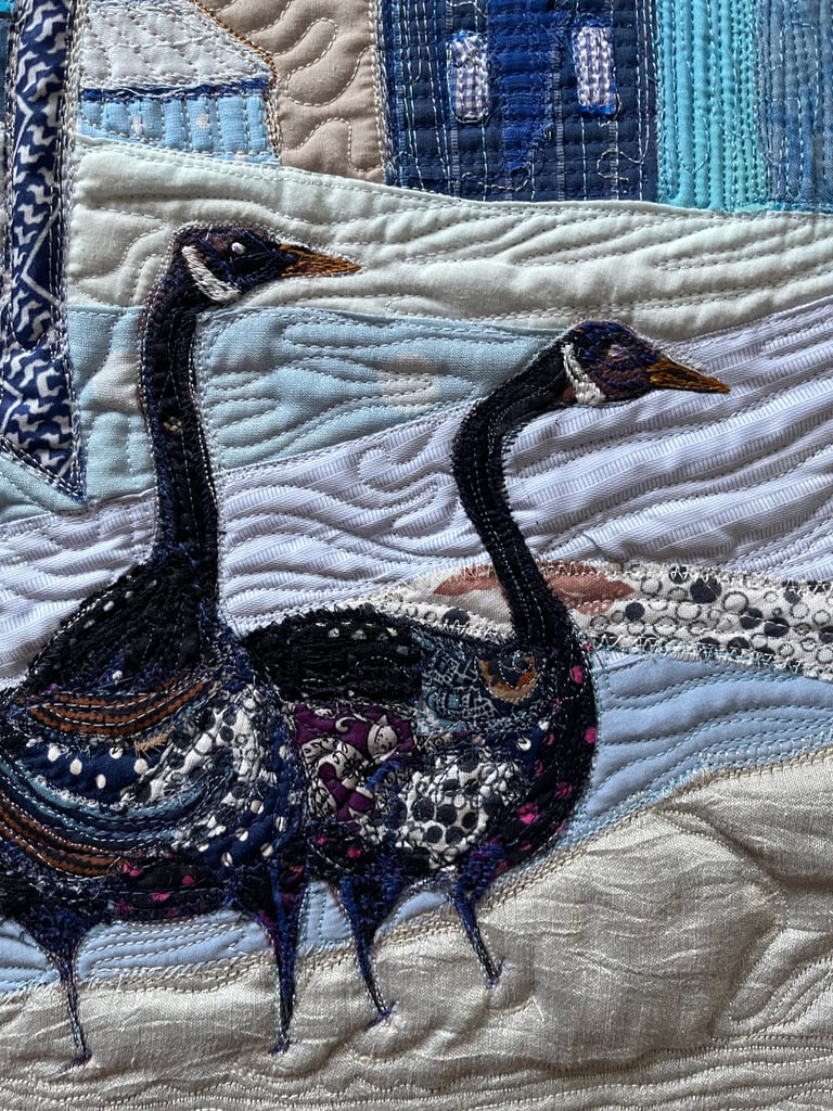 Winter Walk — Original Goose Art Quilt, Snowy Landscape Decor, 56x41cm Image 3