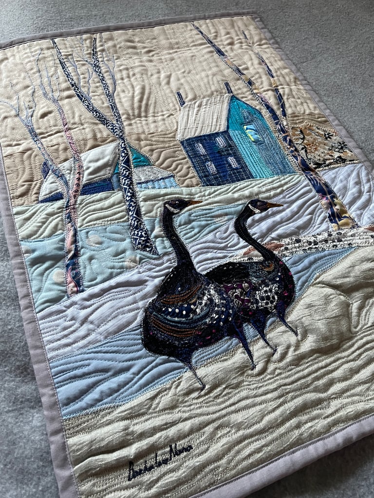 Winter Walk — Original Goose Art Quilt, Snowy Landscape Decor, 56x41cm Image 12