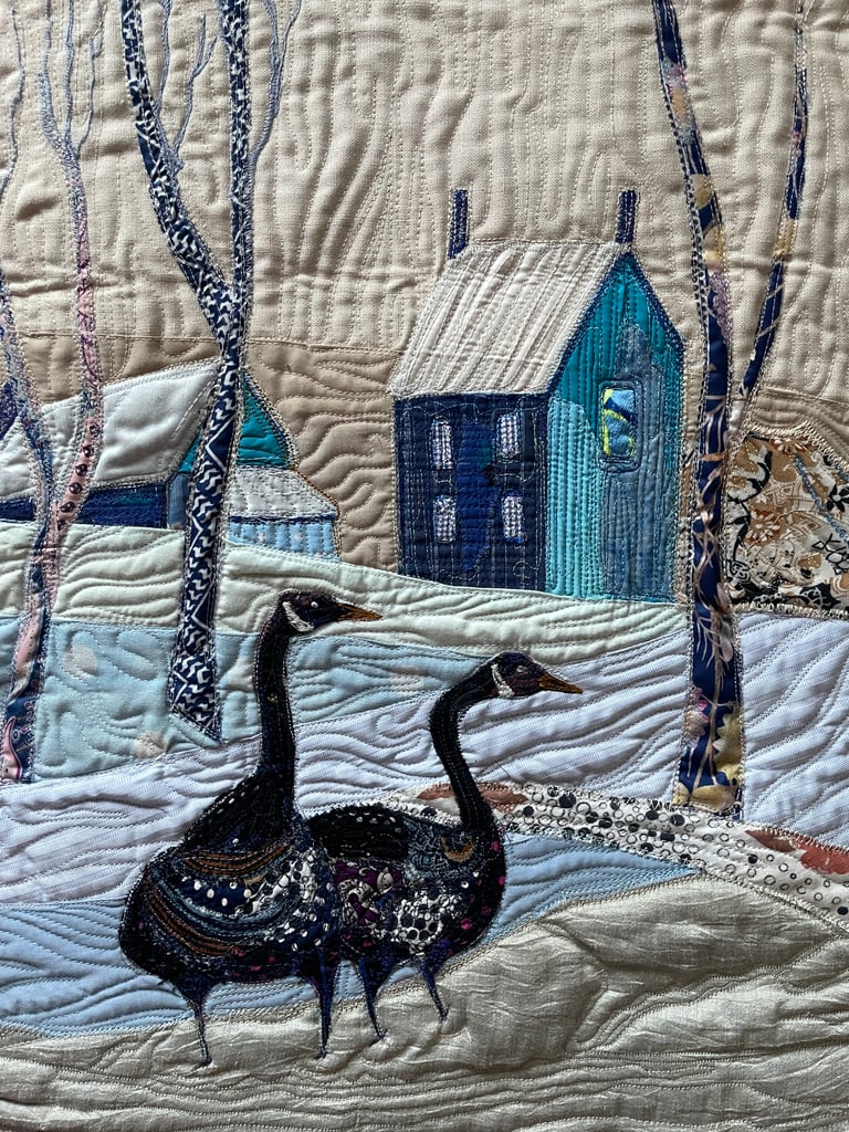 Winter Walk — Original Goose Art Quilt, Snowy Landscape Decor, 56x41cm Image 15