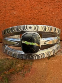 Image 1 of WL&A Handmade Old Style Heavy Ingot Black Jack Green Ribbon Cuff - Size 7 to 7.5in Wrist
