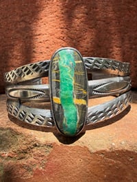 Image 2 of WL&A Handmade Old Style Heavy Ingot Candelaria Ribbon Turquoise Cuff - Size 7 to 7.5in Wrist