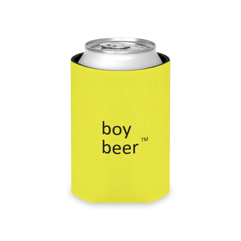 Image of boy beer can cooler | LARP neon yellow can cooler, text design