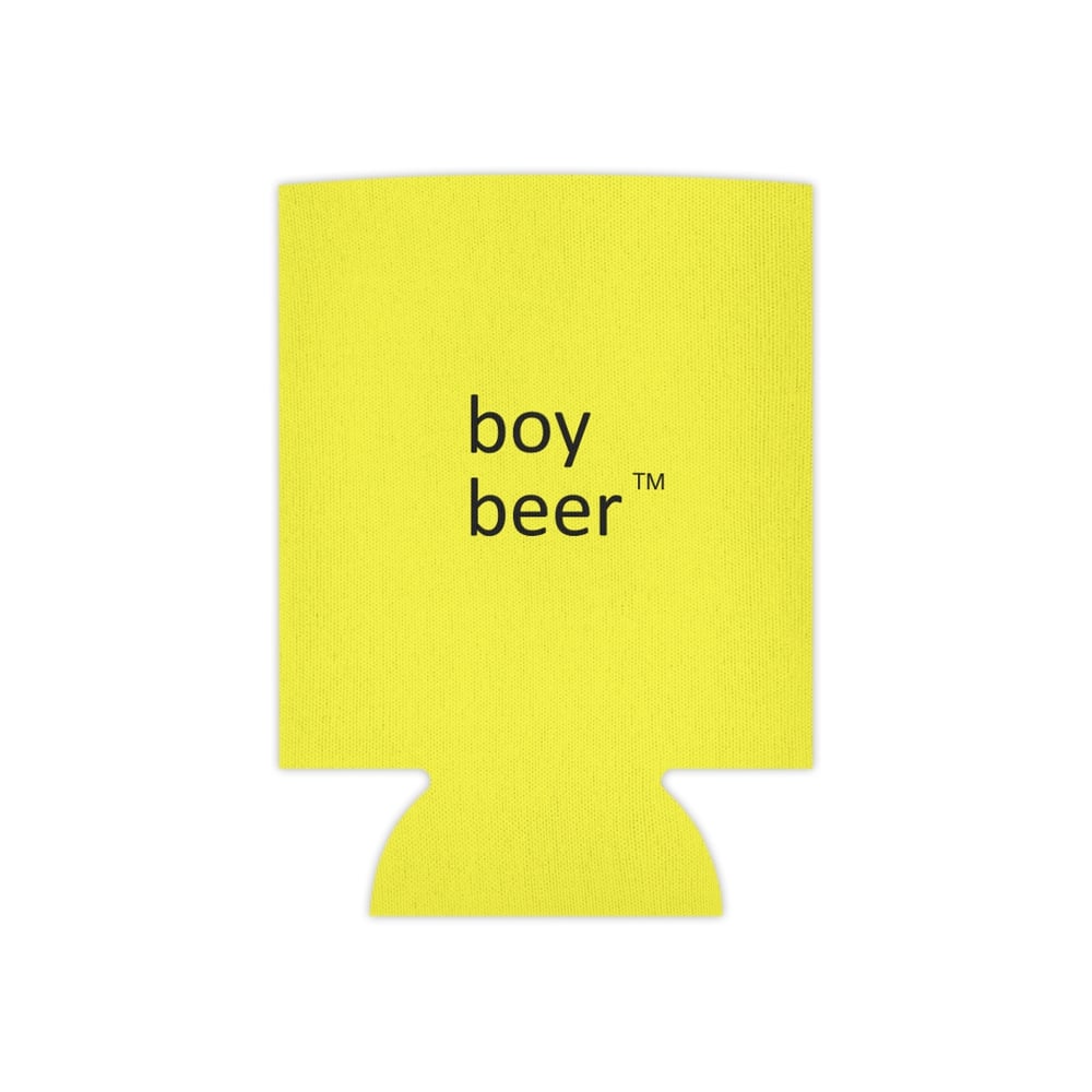 Image of boy beer can cooler | LARP neon yellow can cooler, text design