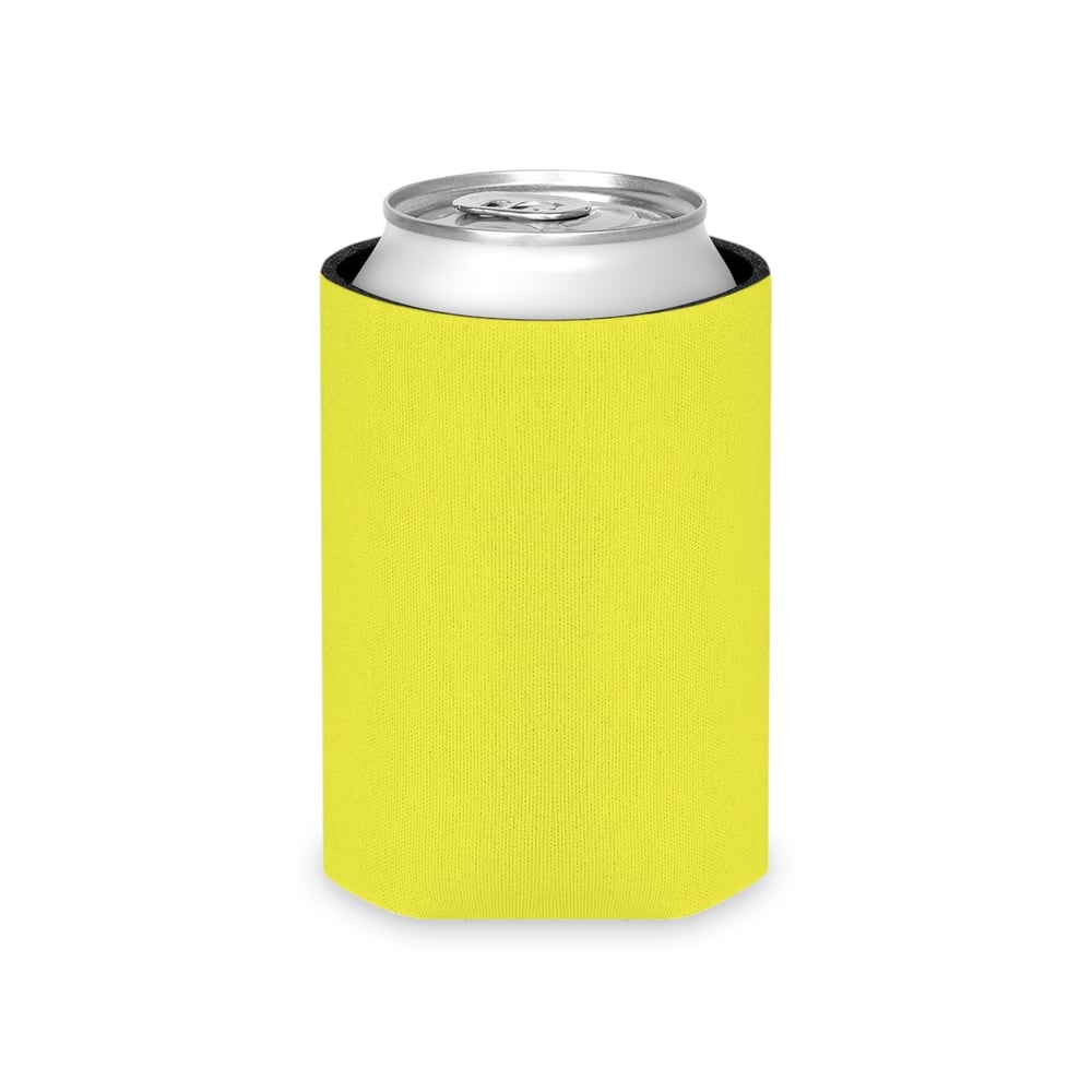Image of boy beer can cooler | LARP neon yellow can cooler, text design