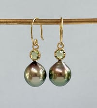 Image 3 of Rose Cut Peridot & Pistachio Tahitian Pearl Earrings