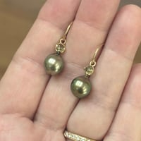Image 4 of Rose Cut Peridot & Pistachio Tahitian Pearl Earrings
