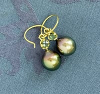 Image 2 of Rose Cut Peridot & Pistachio Tahitian Pearl Earrings