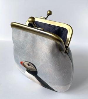 Image of Puffin, velvet kisslock coin purse with silk plant-dyed lining